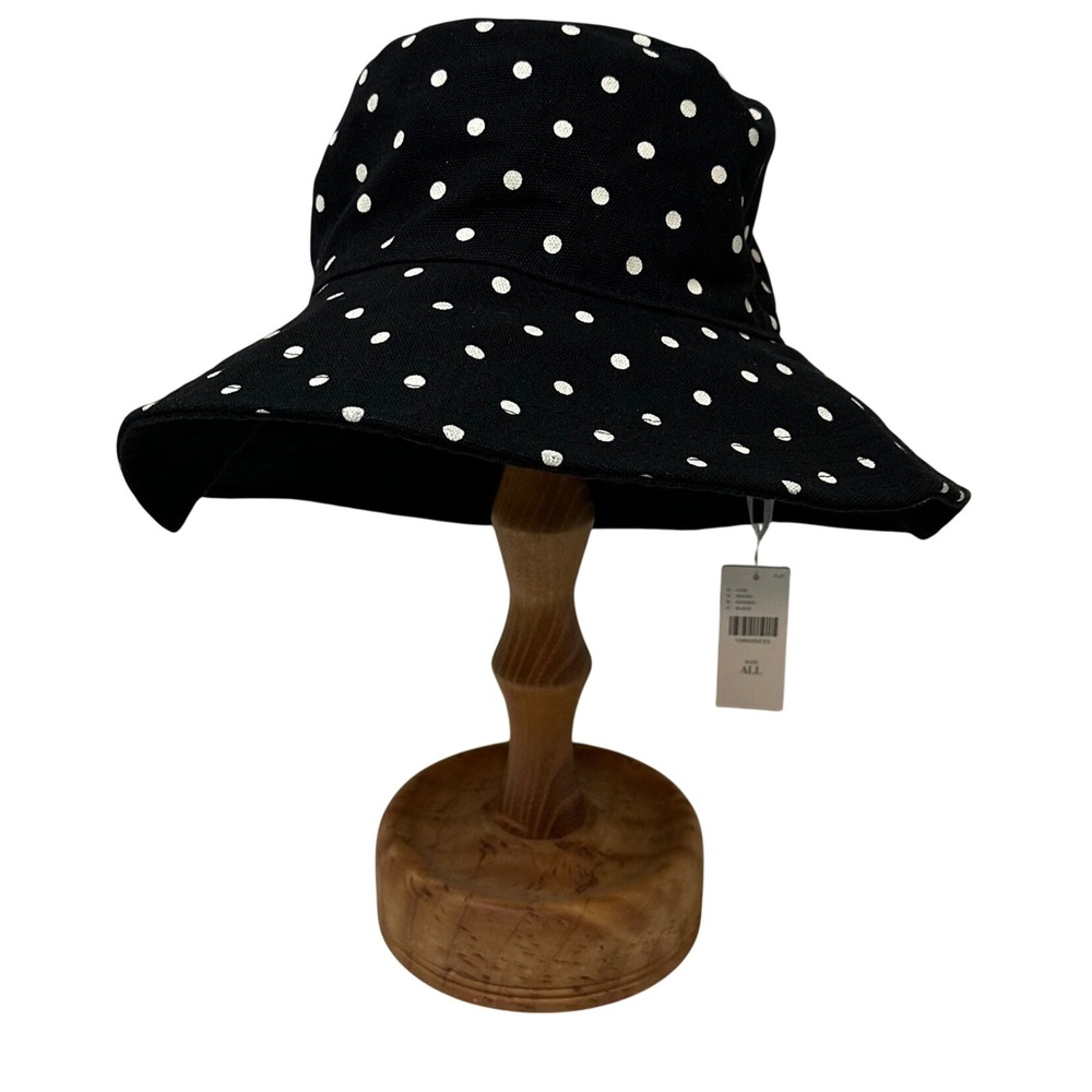 Anthropologie Black Polka Dot Cotton Canvas Wide Brim Bucket Hat NWT One Size